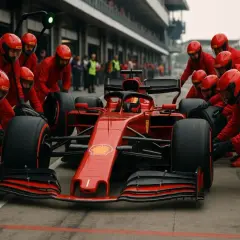 Zespół mechaników w czerwonych kombinezonach otacza bolid F1, gotowy do zmiany opon. Szybka akcja, jak w czasach Brawn GP.