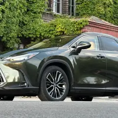 Elegancki, ciemnozielony Lexus NX 450h+ na tle zielonej ściany z cegły. Sprawdź jego atrakcyjną lexus nx 450h+ cenę!