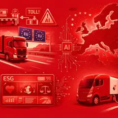 Ciężarówki na drodze, znaki zakazu wyprzedzania, mapa Europy z AI, ładowanie elektrycznego pojazdu i wskaźniki ESG.