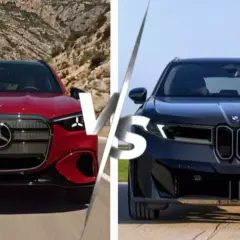Czerwony Mercedes-Benz GLC i czarny BMW stoją naprzeciw siebie.