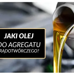 Złoty olej płynie z pojemnika, a na czarnym tle widnieje pytanie: jaki olej do agregatu prądotwórczego?