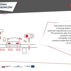 Ilustracja przedstawia **przejazd kolejowy z zaporami**, gdzie samochód próbuje zdążyć przed ich opuszczeniem.