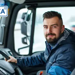 Uśmiechnięty kierowca ciężarówki z brodą, siedzący za kierownicą. W tle logo KULKA. Myśląc o wymiana prawa jazdy bezterminowego, widzimy jego pewność siebie.