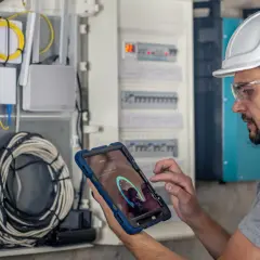 Technik w kasku i okularach ochronnych wykonuje przegląd instalacji elektrycznej, analizując dane na tablecie.