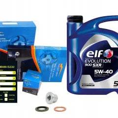 Zestaw do wymiany oleju dla Clio 6: olej Elf Evolution 900 SXR 5W-40, filtry powietrza, oleju, kabinowy, paliwa, naklejka serwisowa.