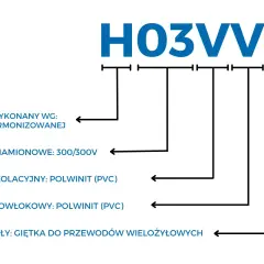 Schemat H03VV-F: izolacja i powłoka z polwinitu (PVC), giętka budowa żyły. Różne kolory kabli opisane.