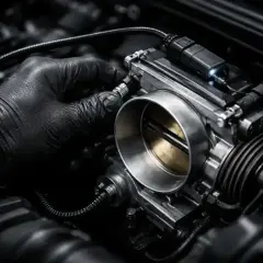 Mechanik w czarnej rękawiczce dokonuje adaptacji przepustnicy w silniku samochodowym.