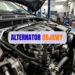 Silnik samochodowy z widocznym alternatorem. Napis "ALTERNATOR OBJAWY" sugeruje problemy z tym elementem. Stojan jest kluczowy dla jego działania.