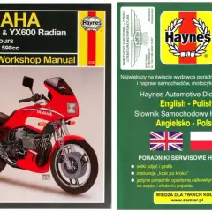 Okładka poradnika Haynes dla motocykli Yamaha FZ6, z czerwoną maszyną i słownikiem angielsko-polskim.