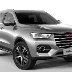 Srebrny SUV Haval H6 z czerwonym logo. Nowoczesny design, eleganckie linie i sportowe felgi.
