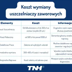 Tabela przedstawia koszt wymiany uszczelniaczy zaworowych, podając ceny części, robocizny i dodatkowych prac. Objawy uszkodzonych uszczelniaczy mogą prowadzić do takich kosztów.