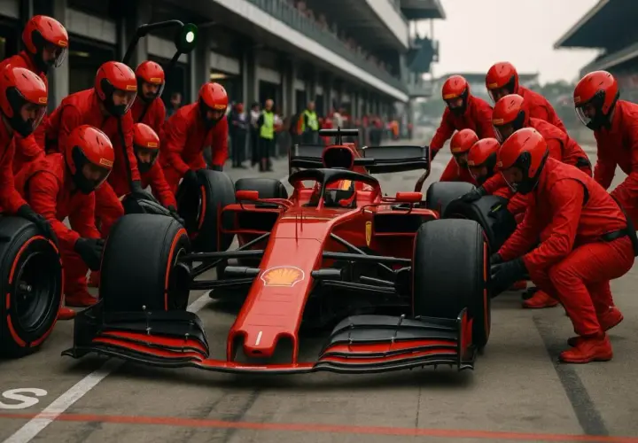 Zespół mechaników w czerwonych kombinezonach otacza bolid F1, gotowy do zmiany opon. Szybka akcja, jak w czasach Brawn GP.