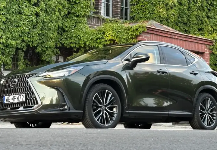 Elegancki, ciemnozielony Lexus NX 450h+ na tle zielonej ściany z cegły. Sprawdź jego atrakcyjną lexus nx 450h+ cenę!