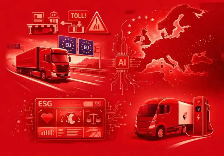 Ciężarówki na drodze, znaki zakazu wyprzedzania, mapa Europy z AI, ładowanie elektrycznego pojazdu i wskaźniki ESG.