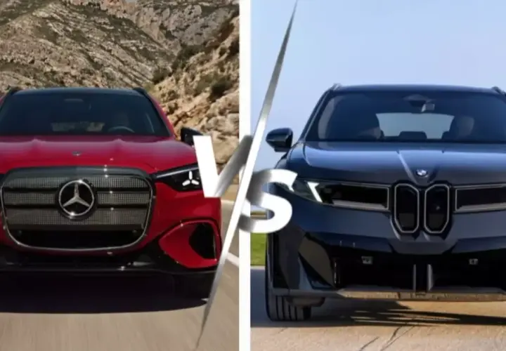 Czerwony Mercedes-Benz GLC i czarny BMW stoją naprzeciw siebie.