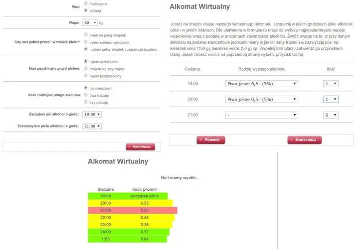 Ile mogę wypić według wirtualnego alkomatu, aby być trzeźwym?