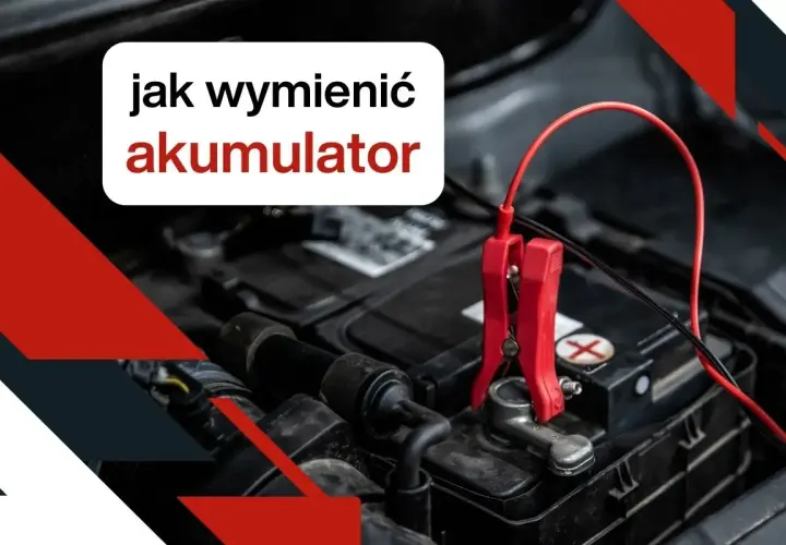 Instrukcja jak wymienić akumulator w samochodzie. Czerwony kabel z klemą podłączony do bieguna akumulatora.