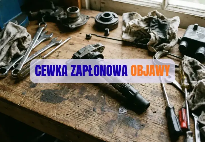 Warsztat samochodowy z narzędziami i tekstem "CEWKA ZAPŁONOWA OBJAWY".