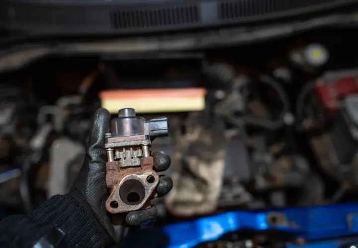 Zardzewiały zawór EGR, który może być przyczyną problemów z silnikiem. Mechanik pokazuje go na tle komory silnika.