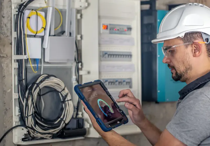 Technik w kasku i okularach ochronnych wykonuje przegląd instalacji elektrycznej, analizując dane na tablecie.