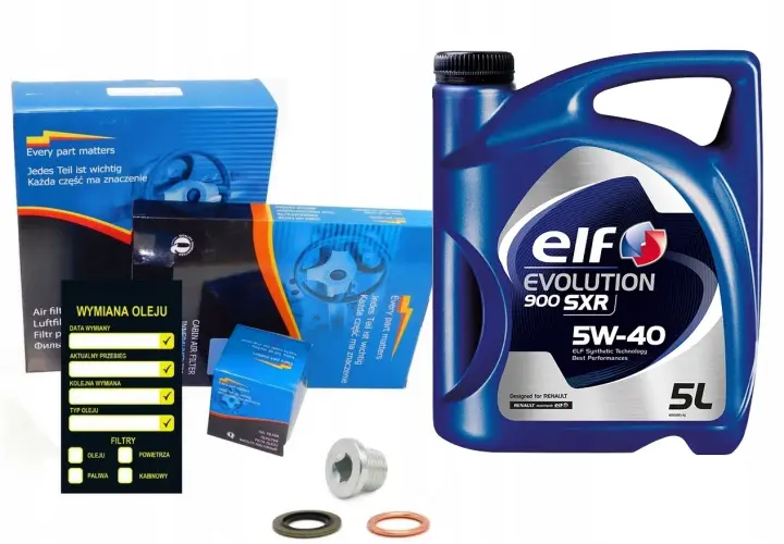 Zestaw do wymiany oleju dla Clio 6: olej Elf Evolution 900 SXR 5W-40, filtry powietrza, oleju, kabinowy, paliwa, naklejka serwisowa.