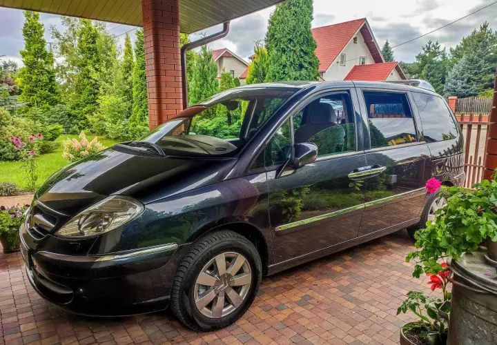 Czarny Citroen C8 zaparkowany pod zadaszeniem, otoczony zielenią i domami z czerwonymi dachami.
