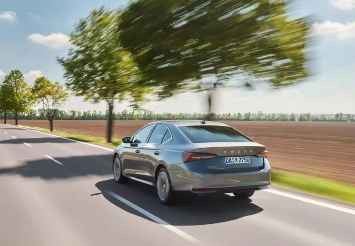 Szara Skoda Octavia 4 jedzie drogą wśród drzew.