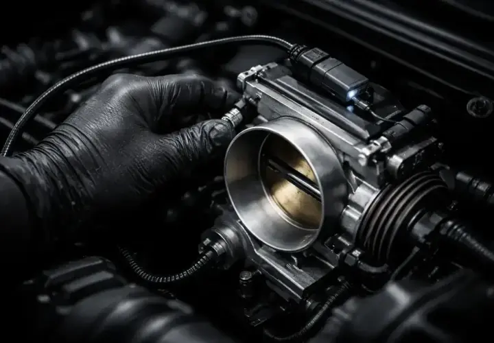 Mechanik w czarnej rękawiczce dokonuje adaptacji przepustnicy w silniku samochodowym.
