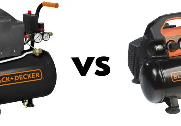Dwa kompresory Black+Decker, jeden olejowy, drugi bezolejowy, z napisem "VS" pośrodku.