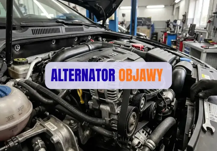 Silnik samochodowy z widocznym alternatorem. Napis "ALTERNATOR OBJAWY" sugeruje problemy z tym elementem. Stojan jest kluczowy dla jego działania.