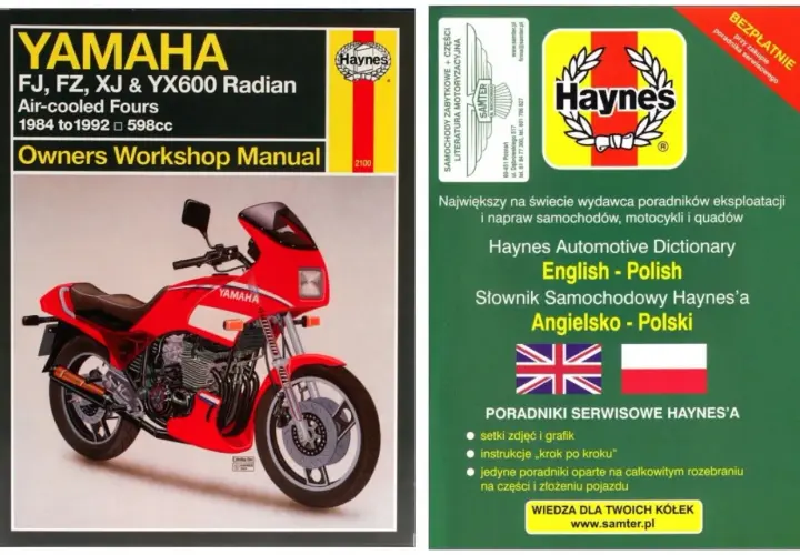 Okładka poradnika Haynes dla motocykli Yamaha FZ6, z czerwoną maszyną i słownikiem angielsko-polskim.
