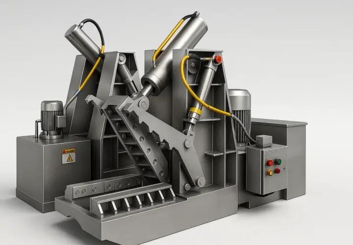 Solidna maszyna z hydraulicznymi ramionami i zębami, idealna do recyklingu. To urządzenie pokazuje, czym ciąć opony na mniejsze części.