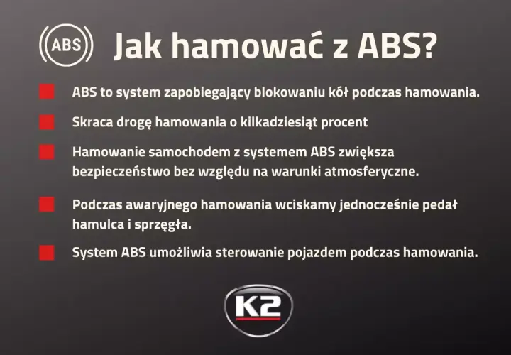 Jak hamować z ABS? System zapobiega blokowaniu kół, skraca drogę hamowania i zwiększa bezpieczeństwo. W awaryjnym hamowaniu wciskaj pedał hamulca i sprzęgła.