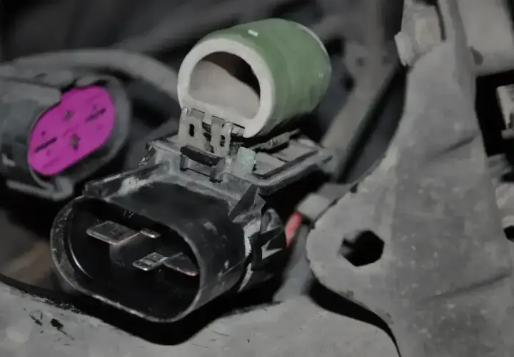 Zielony opornik ceramiczny z metalowymi zaciskami, podłączony do złącza elektrycznego.