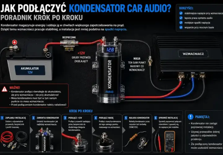 Schemat podłączenia kondensatora car audio. Pokazuje połączenie akumulatora, bezpiecznika, kondensatora i wzmacniacza.