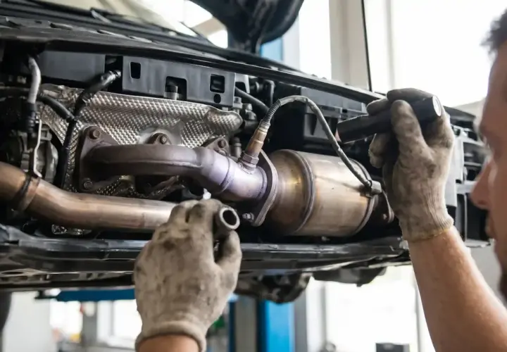 Mechanik sprawdza układ wydechowy Toyoty, szukając przyczyny błędu DTC P0420.