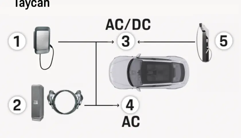 Schemat ładowania Taycana: prąd stały (DC) i zmienny (AC). 1. Ładowarka ścienna. 2. Stacja ładowania. 3. Złącze ładowania. 4. Prąd AC. 5. Szybka ładowarka DC.
