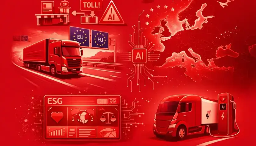Ciężarówki na drodze, znaki zakazu wyprzedzania, mapa Europy z AI, ładowanie elektrycznego pojazdu i wskaźniki ESG.