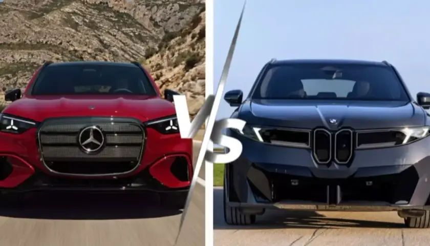 Czerwony Mercedes-Benz GLC i czarny BMW stoją naprzeciw siebie.