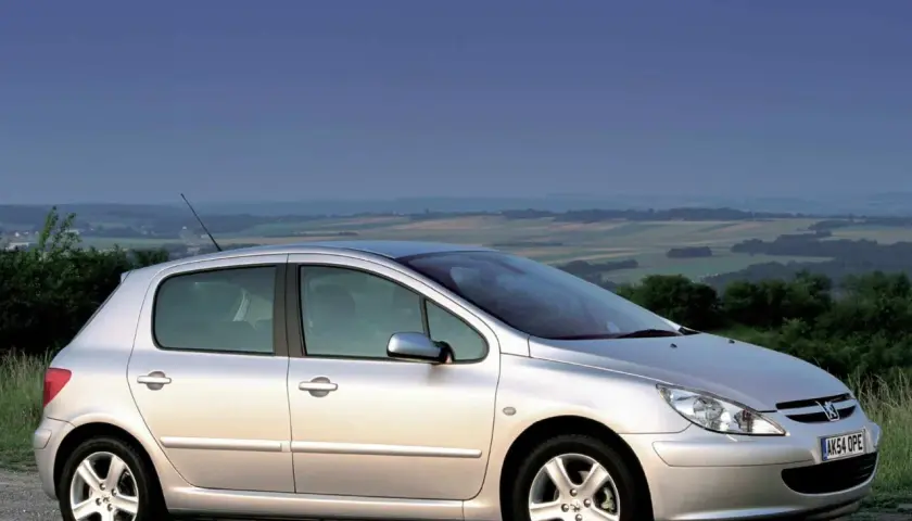 Srebrny Peugeot 307 2.0 HDI na tle malowniczego krajobrazu.