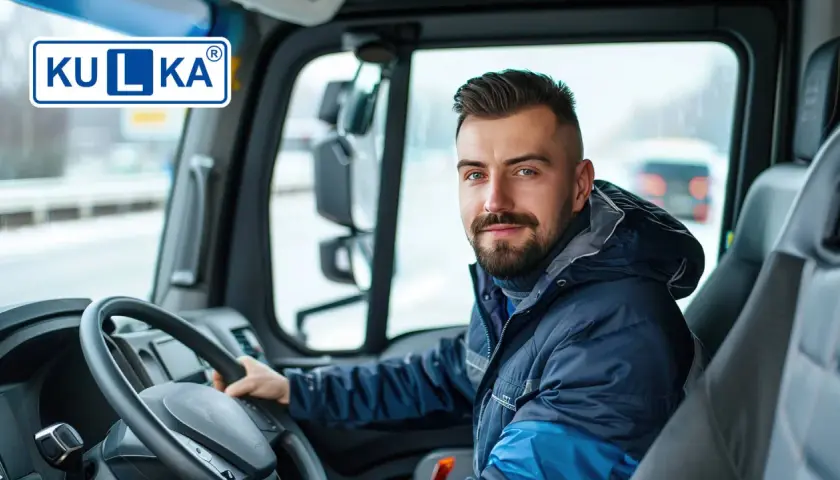 Uśmiechnięty kierowca ciężarówki z brodą, siedzący za kierownicą. W tle logo KULKA. Myśląc o wymiana prawa jazdy bezterminowego, widzimy jego pewność siebie.