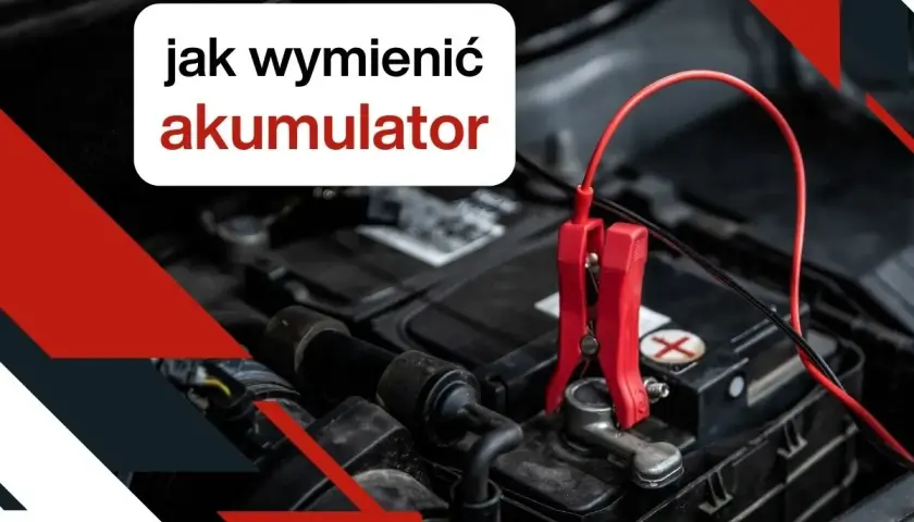 Instrukcja jak wymienić akumulator w samochodzie. Czerwony kabel z klemą podłączony do bieguna akumulatora.