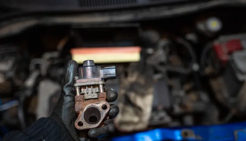 Zardzewiały zawór EGR, który może być przyczyną problemów z silnikiem. Mechanik pokazuje go na tle komory silnika.