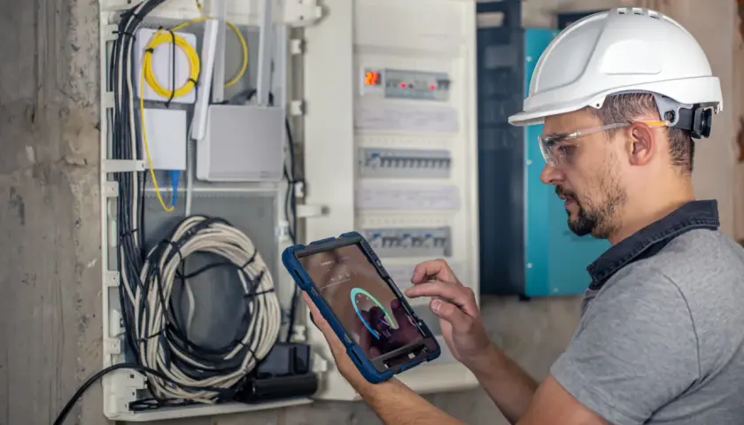 Technik w kasku i okularach ochronnych wykonuje przegląd instalacji elektrycznej, analizując dane na tablecie.