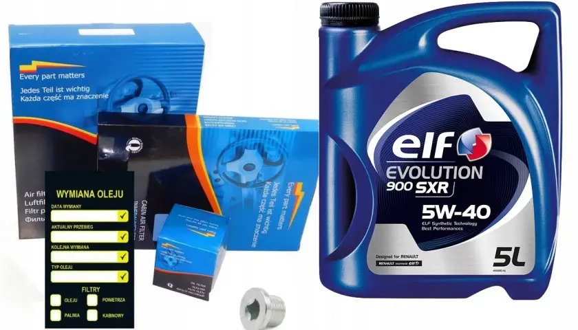 Zestaw do wymiany oleju dla Clio 6: olej Elf Evolution 900 SXR 5W-40, filtry powietrza, oleju, kabinowy, paliwa, naklejka serwisowa.