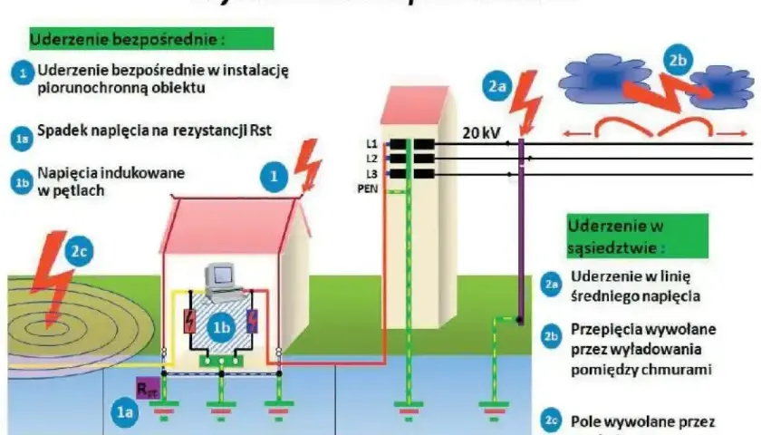 Ilustracja pokazuje, jak piorun może spowodować przepięcie w instalacji elektrycznej i sieciach informatycznych, zarówno przez bezpośrednie uderzenie, jak i w pobliżu.