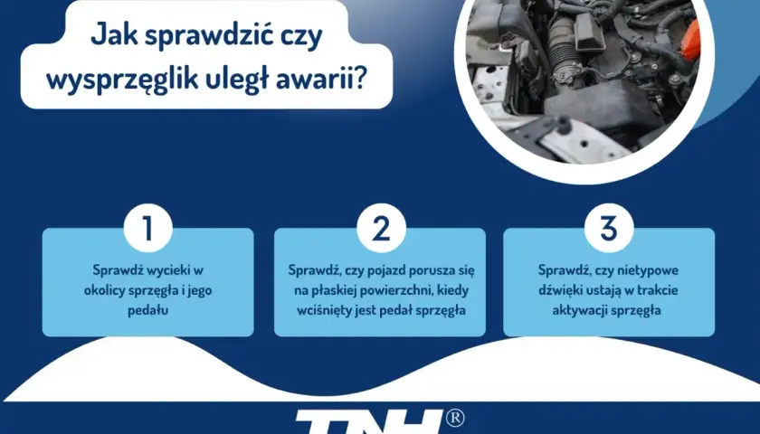 Jak sprawdzić uszkodzony wysprzęglik objawy: wycieki, ruch pojazdu na płaskiej powierzchni przy wciśniętym sprzęgle, nietypowe dźwięki.