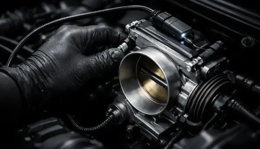 Mechanik w czarnej rękawiczce dokonuje adaptacji przepustnicy w silniku samochodowym.