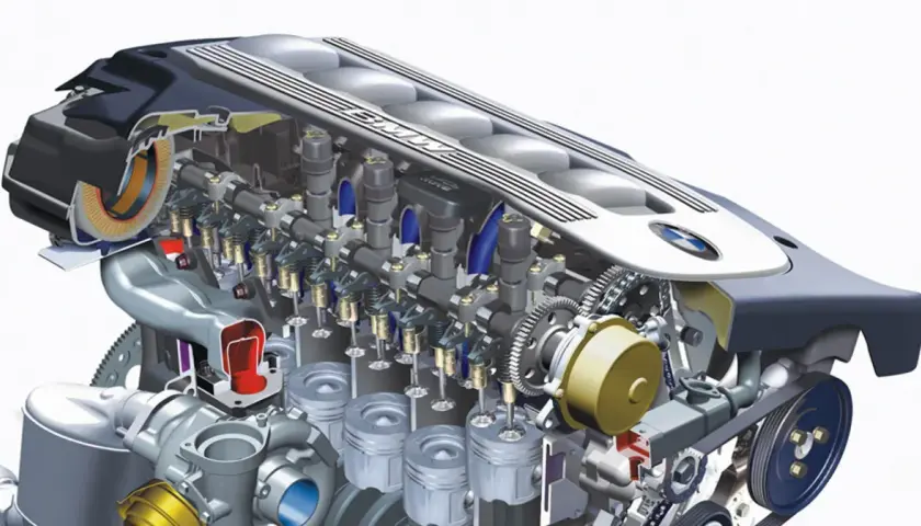 Przekrój silnika BMW M57N2 z widocznymi turbosprężarkami, tłokami i zaworami.