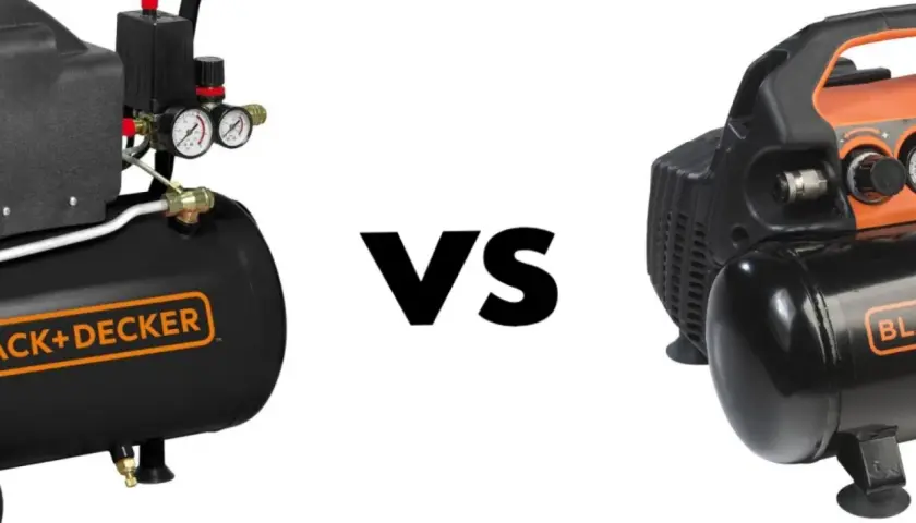 Dwa kompresory Black+Decker, jeden olejowy, drugi bezolejowy, z napisem "VS" pośrodku.